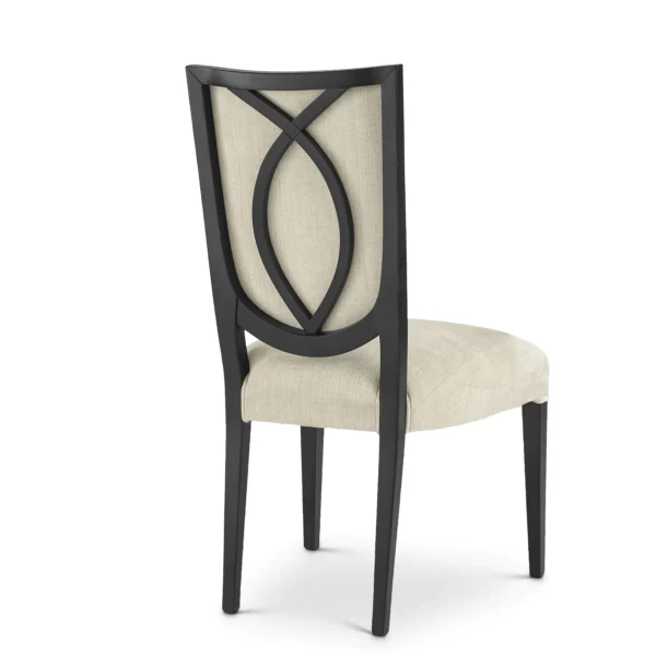 Elegant Italian luxury chair with black sculpted back and beige upholstery for high-end interior design.