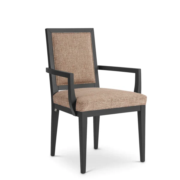 Elegant Italian luxury chair with beige fabric and sleek black wood frame. High-end designer furniture piece.