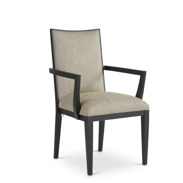 Elegant Italian luxury armchair with sleek black frame and plush beige upholstery. High-end designer furniture.