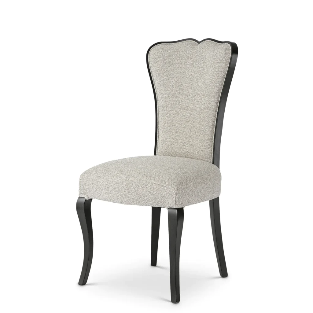 Elegant Italian luxury chair with curved legs and upholstered back, perfect for high-end interior design.