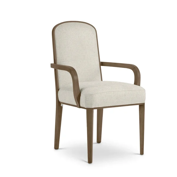 Luxurious Italian design chair with beige upholstery and wooden frame, crafted by high-end furniture artisans.