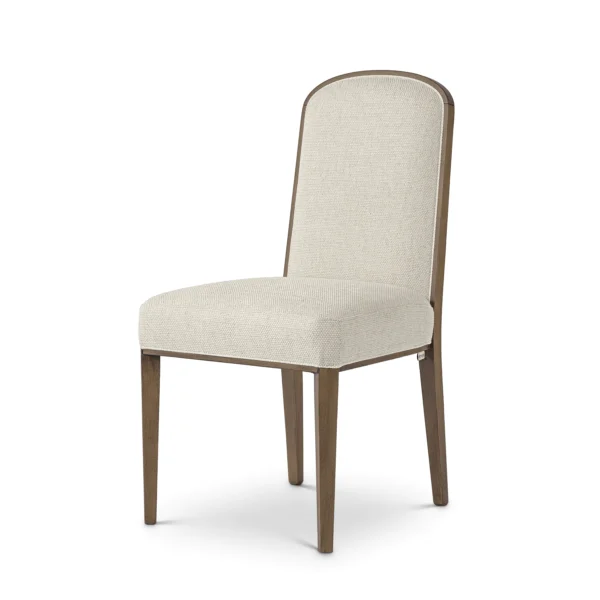 Elegant Italian luxury dining chair with beige fabric and wooden legs, crafted by a high-end furniture design factory.