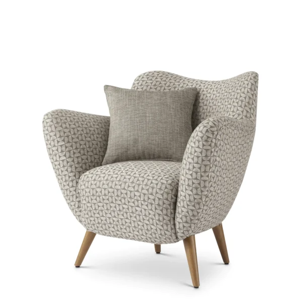 Elegant Italian designer armchair with geometric pattern and wooden legs, epitomizing luxury furniture craftsmanship.