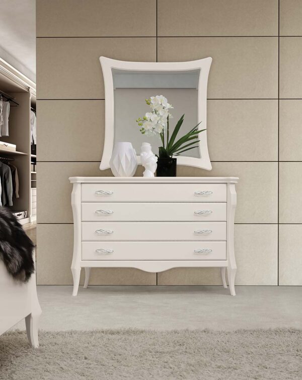 Elegant Italian custom-made white wood dresser with mirror, perfect for luxurious villa interiors.