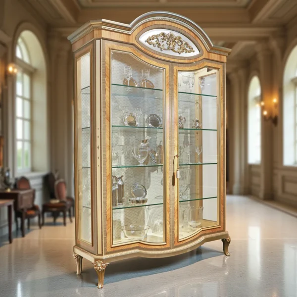 Handgefertigter italienischer Holzschrank mit Glastüren – ein elegantes Einrichtungselement für luxuriöse Villen und Paläste.