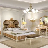 Luxurious Italian bedroom set with ornate bed, elegant vanity, and classic decor. High-end design furniture.