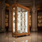 Luxuriöse italienische, handgefertigte Holzvitrine mit Glasböden – ein kunstvolles Design für Villen und Paläste.
