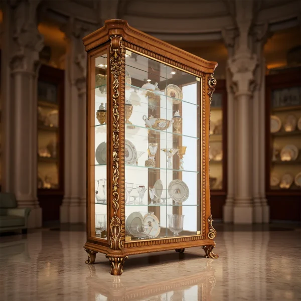Luxuriöse italienische, handgefertigte Holzvitrine mit Glasböden – ein kunstvolles Design für Villen und Paläste.
