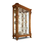 Luxury Italian handcrafted wooden display cabinet with glass shelves, showcasing ornate design for villas and palaces.