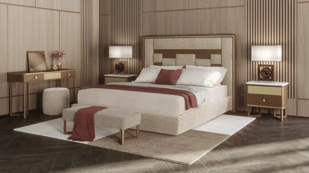 Camera da letto moderna con mobili artigianali di design, eleganza e comfort in legno e tessuti pregiati.