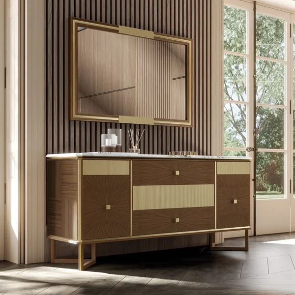 Luxurious Italian wooden sideboard with sophisticated design, reflecting opulence in a bright, elegant living space.