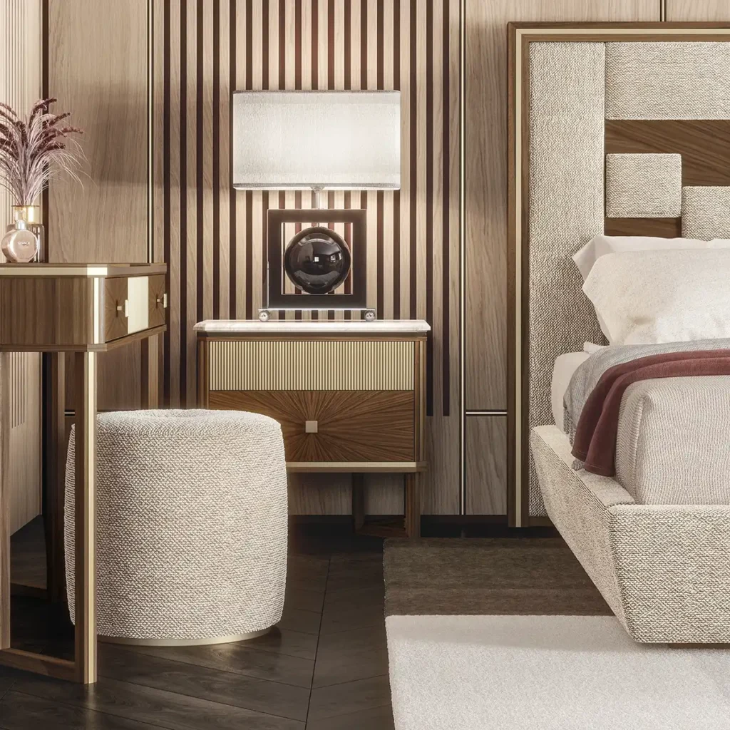 Camera da letto di lusso con mobili moderni artigianali in legno e tessuti pregiati. Design esclusivo su misura.