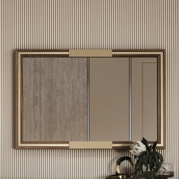 Luxury Italian design mirror with elegant wood frame and modern aesthetic in high-end interior setting.