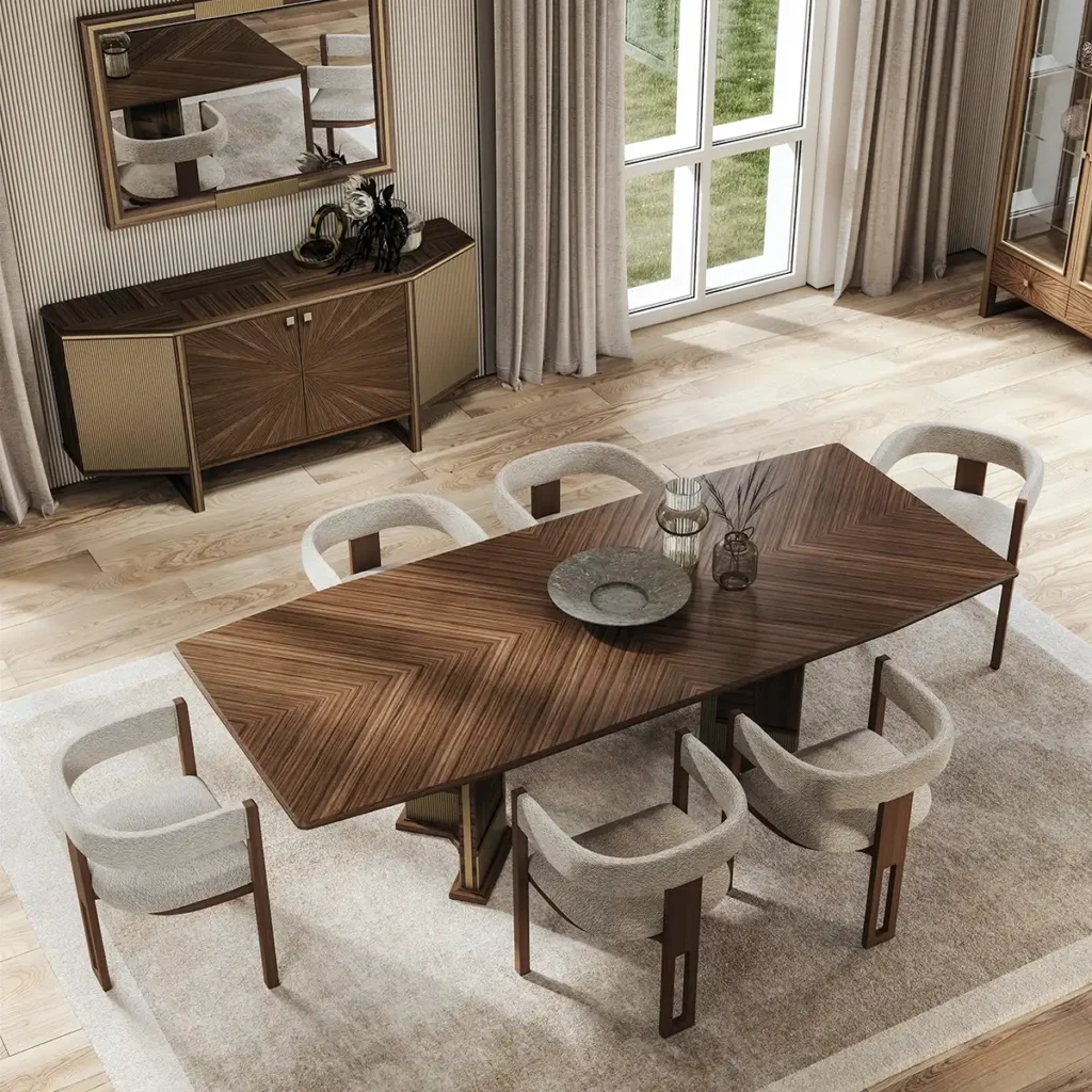 Tavolo da pranzo su misura in legno pregiato con sedie eleganti. Design artigianale per un'arredamento di lusso.