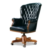 Black leather presidential armchair with a high, wing-shaped back and buttoned upholstery, mounted on a swivel base with brass casters.