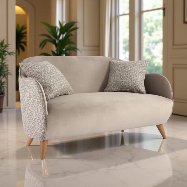 A modern sofa in light grey fabric with decorative cushions, wooden legs, and green plants in the background in a bright living room.