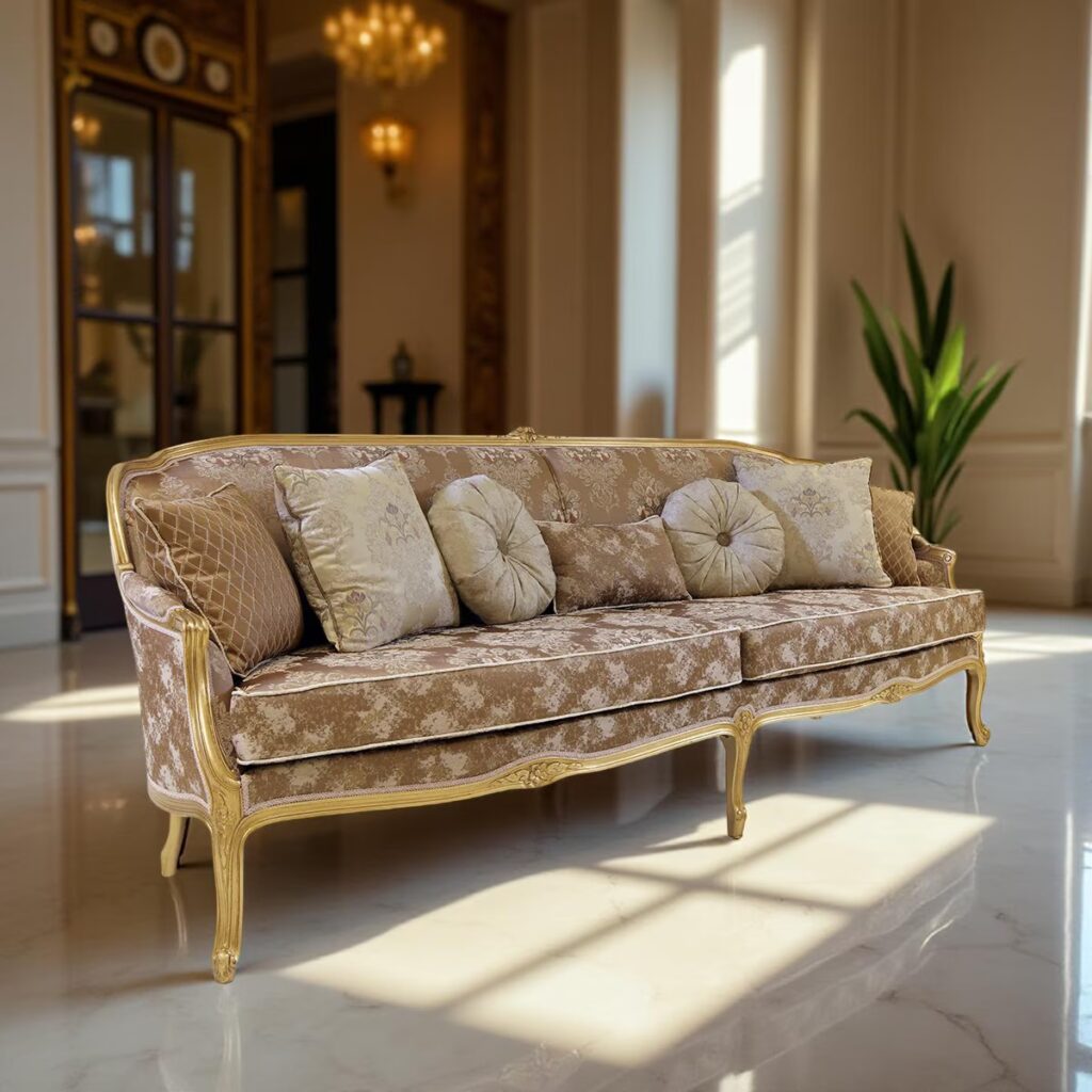 Divano vintage con struttura dorata e rivestimento floreale, decorato con cuscini ornamentali in una stanza lussuosa con grandi finestre, pareti decorate e lampadari
