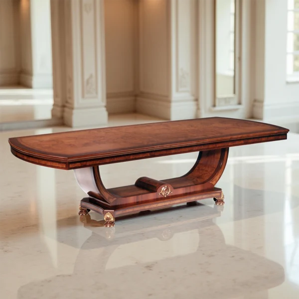 Handcrafted luxury wooden table with elegant design and refined details, perfect for exclusive settings.