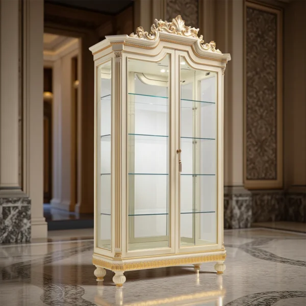Elegante, handgefertigte Holzvitrine mit kunstvollen Details – ideal für luxuriöse Villen und Paläste.