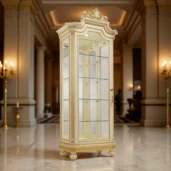 Elegant handcrafted wooden display cabinet for luxury interiors, featuring glass shelves and ornate detailing. Made in Italy.