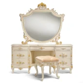 Elegant handmade Italian vanity set with ornate mirror and cushioned stool in luxurious real wood for villas and palaces.