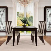 Luxury Italian dining set in elegant room with large windows and chandelier, showcasing high-end design furniture.