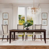 Luxurious Italian dining set with elegant wooden table and chairs, contemporary chandelier, and soft textured decor.