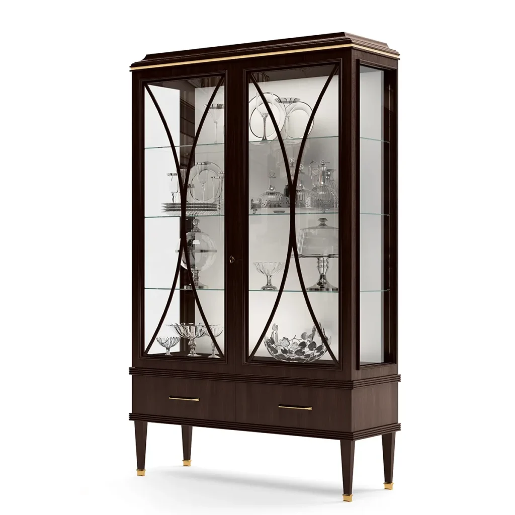Vetrina in legno scuro dal design moderno ed elegante, perfetta per esporre cristalli e valorizzare ogni ambiente.