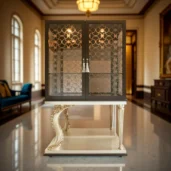 Luxurious handcrafted wooden furniture detail with intricate gold floral carvings, ideal for villas and palaces.
