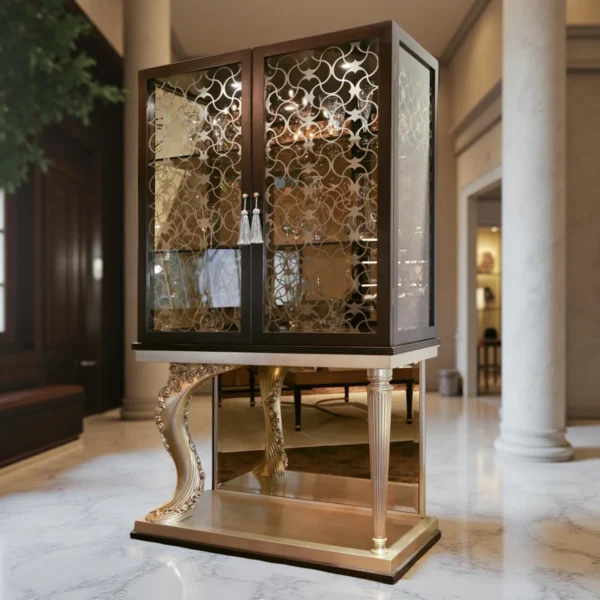 Luxuriöses, handgefertigtes Holzmöbeldetail mit kunstvollen floralen Goldschnitzereien – ideal für Villen und Paläste.