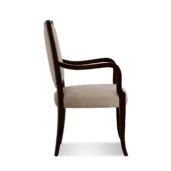 Elegant Italian luxury chair with dark wood frame and beige upholstery, side view. Premium design furniture.