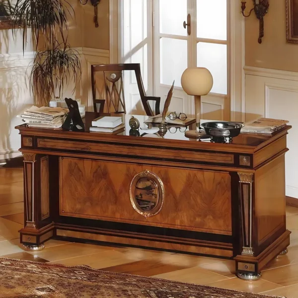 Luxurious Italian designer desk with elegant wood finish, showcasing classic craftsmanship and opulent details.