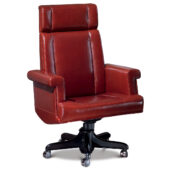 Red leather executive chair with a high back and a headrest, mounted on a swivel base with black casters.