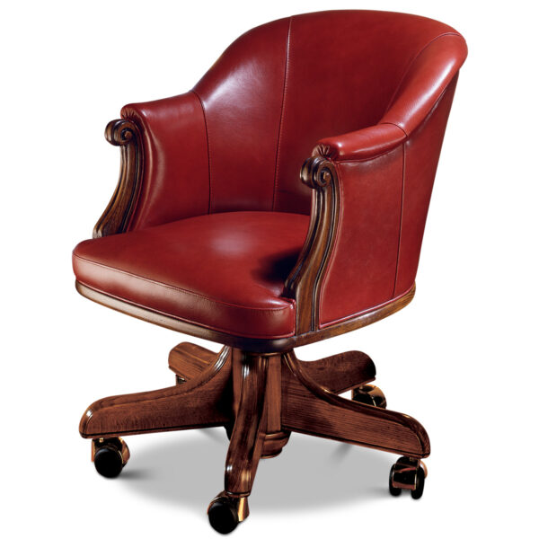 Red leather presidential armchair with a curved back and rolled arms, mounted on a swivel base with brass casters.