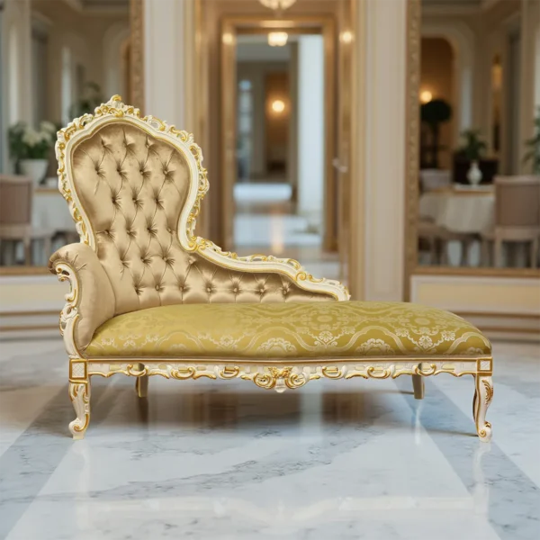 Elegant, handcrafted Italian sofa with an intricately carved wooden frame and luxurious beige fabric – ideal for palatial interiors.