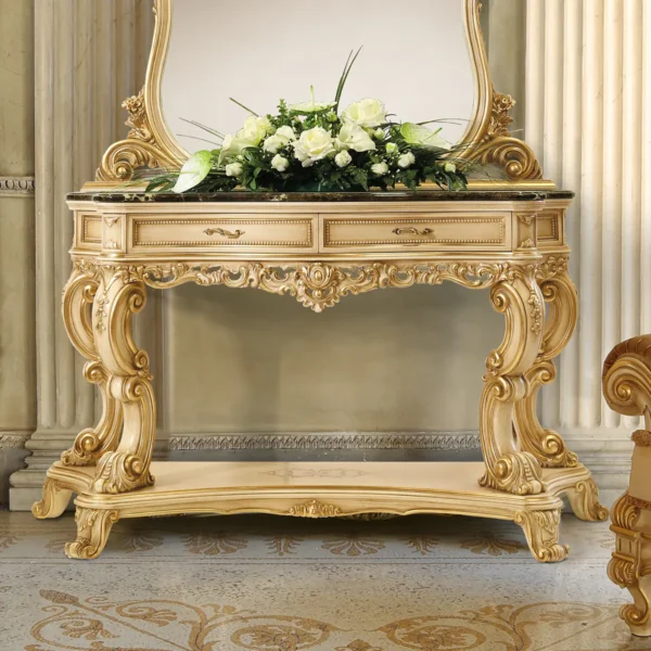 Elegant Italian luxury console table with intricate carvings and floral decor, perfect for upscale interiors.