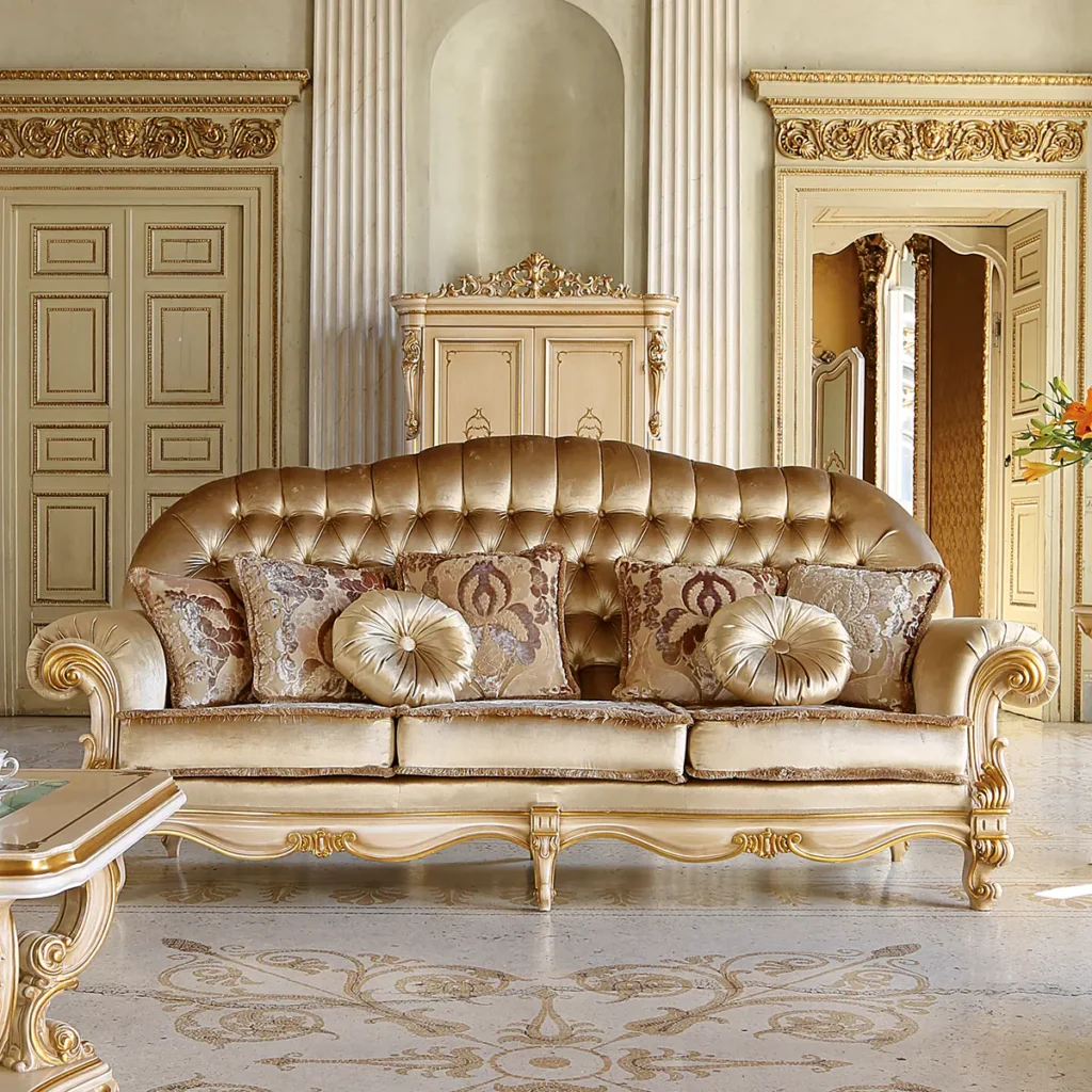 Divano di lusso in legno e tessuto dorato, design elegante e ornamenti classici, perfetto per arredamento raffinato.