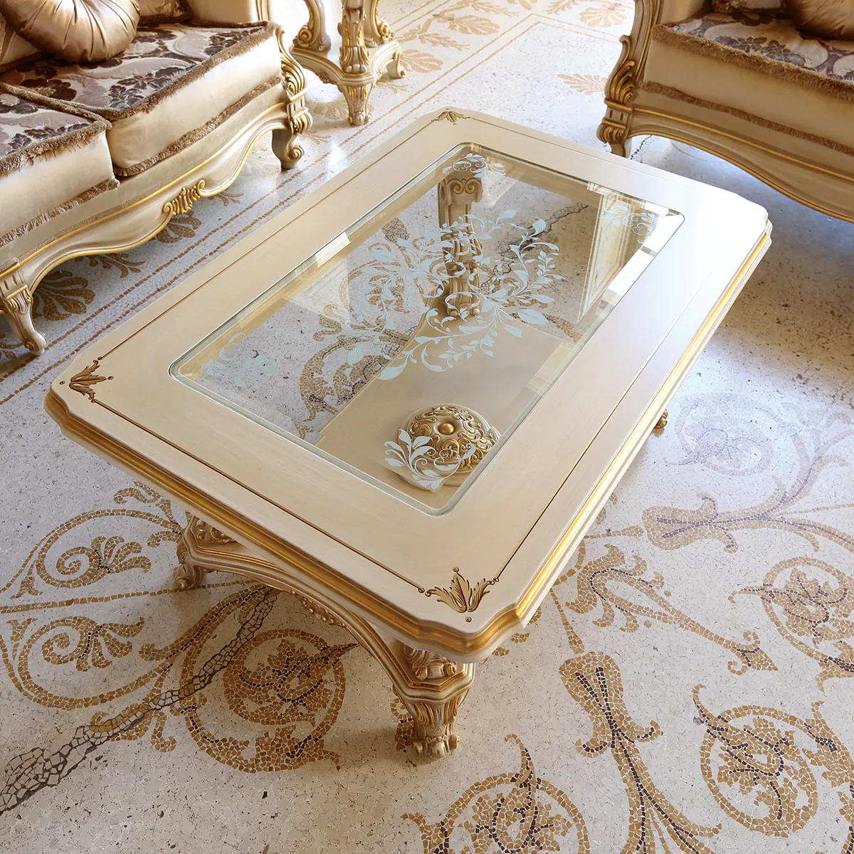 Luxurious handcrafted Italian wooden coffee table with intricate carvings and glass top, perfect for elegant interiors.
