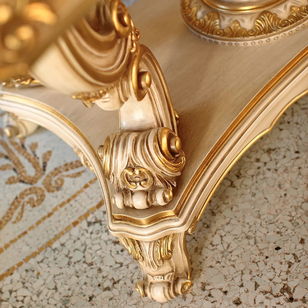 Luxurious Italian furniture detail with elegant gold designs and intricate craftsmanship. High-end luxury design.