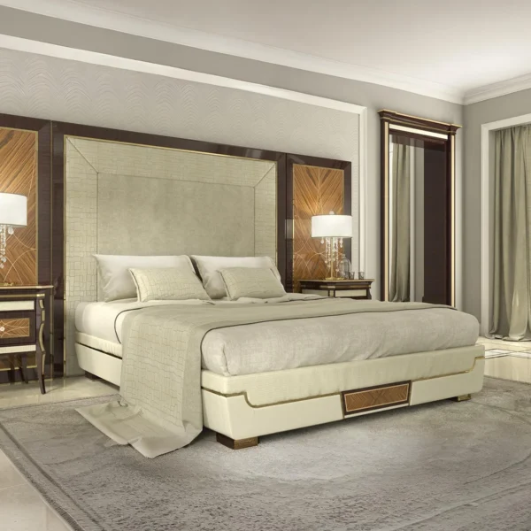 Luxury custom-made Italian bedroom furniture in real wood, perfect for villas and palaces. Elegant design and craftsmanship.