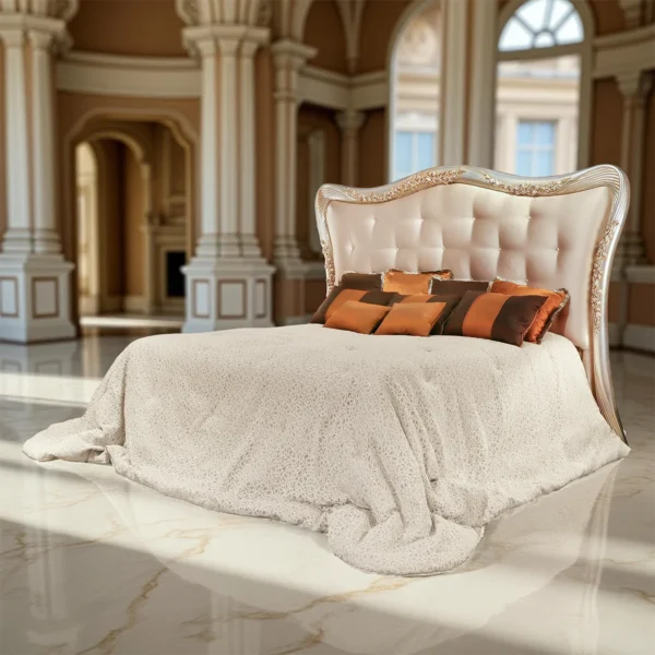 Classic luxury double bed in quilted cream fabric with upholstered headboard and gold finishes