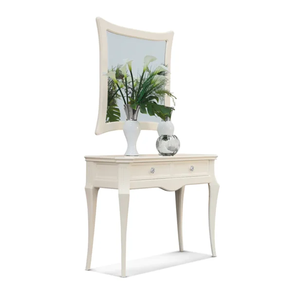 Elegant white wooden console table with mirror and decorative vases, perfect for luxury interiors.