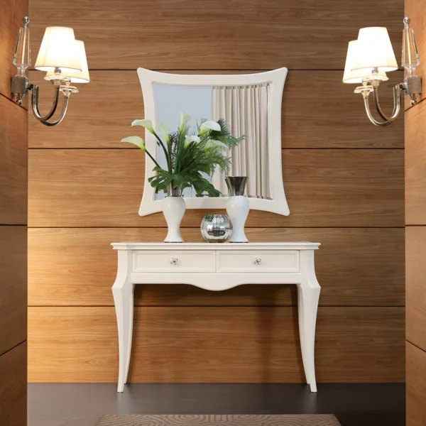 Elegant white console table with mirror and flower vases in luxurious wood-paneled room, perfect for opulent interiors.