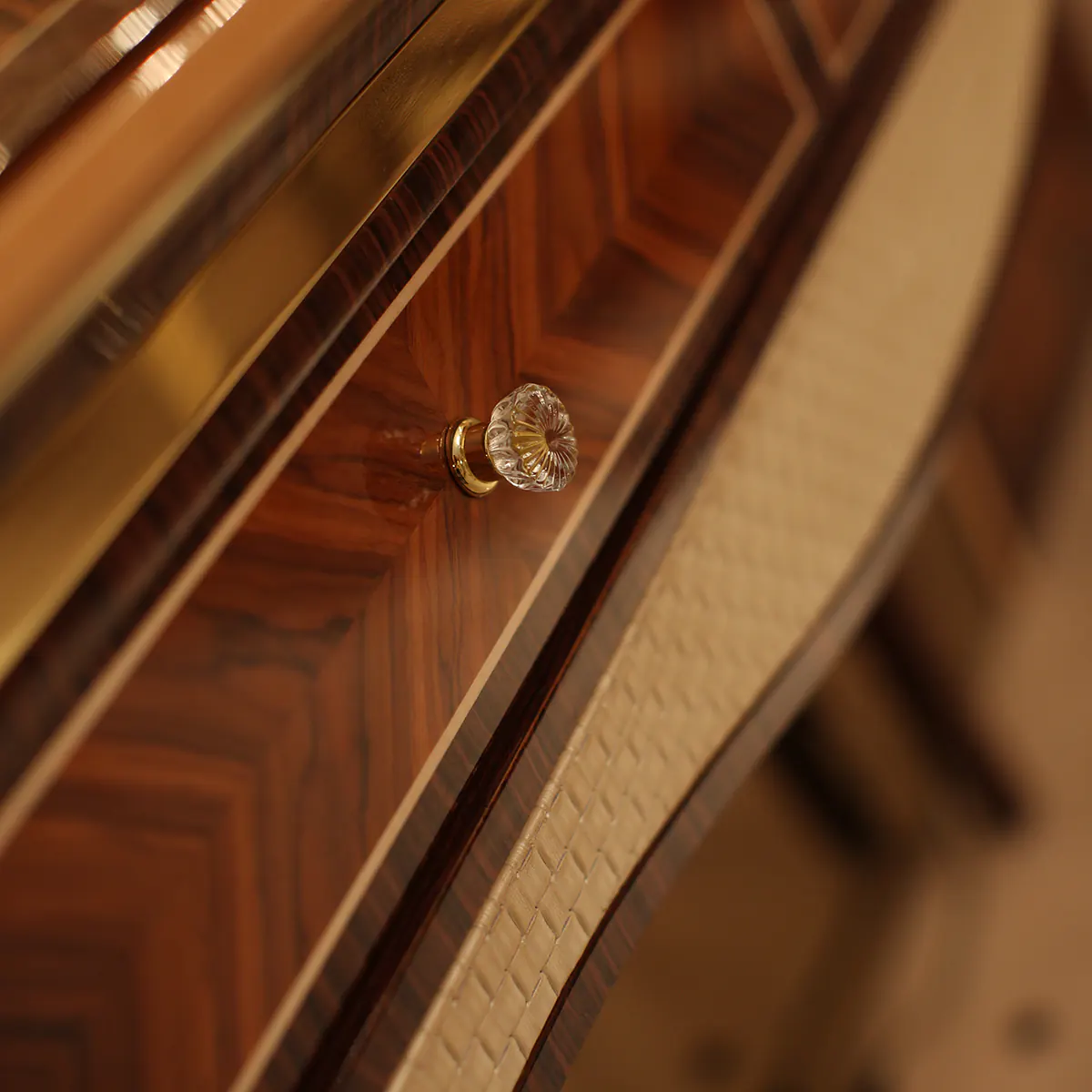 Exquisite handmade Italian wooden furniture with intricate detailing and a glass knob. Perfect for luxury interiors.