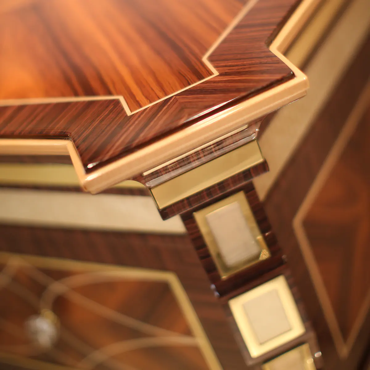 Close-up of luxurious handcrafted wooden furniture with intricate design, ideal for elegant villas and palaces.
