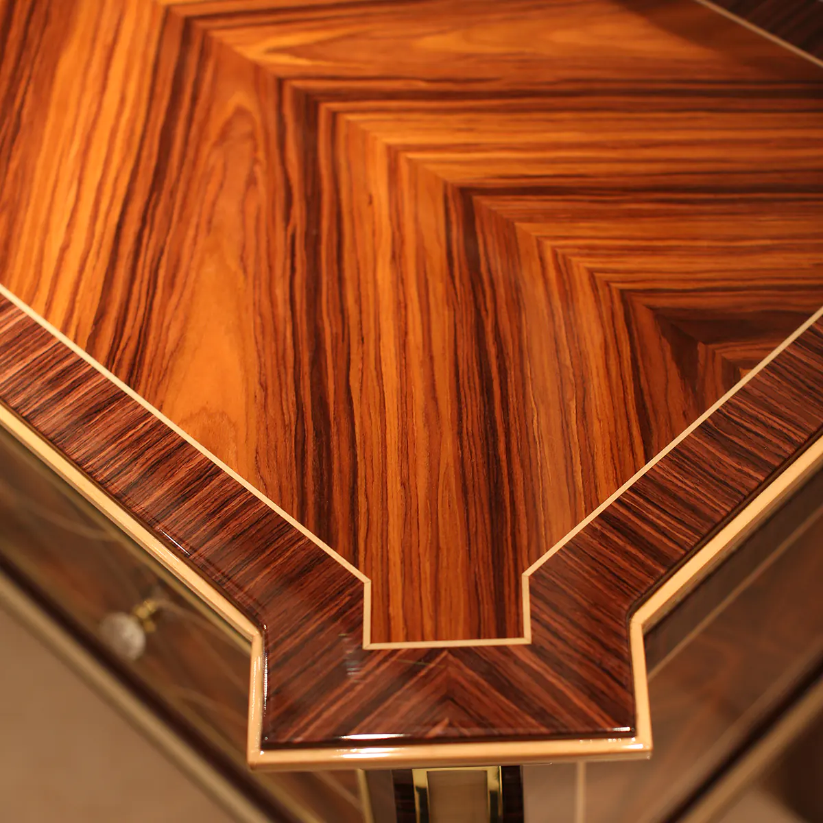 Luxury handcrafted wooden furniture detail, showcasing exquisite craftsmanship by an Italian factory for interiors.