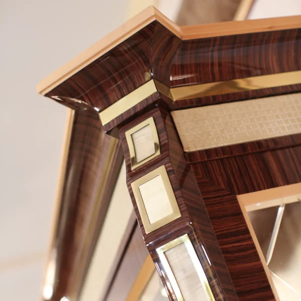 Handcrafted luxury furniture detail in polished wood and gold accents, ideal for villas and palaces interior design.