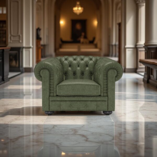 A classic green armchair with rounded armrests and a tufted backrest, positioned in the center of a luxurious interior with polished marble flooring and an elegant chandelier in the background.