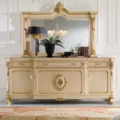 Elegant Italian luxury sideboard with ornate gold accents and mirror, showcasing high-end design furniture craftsmanship.