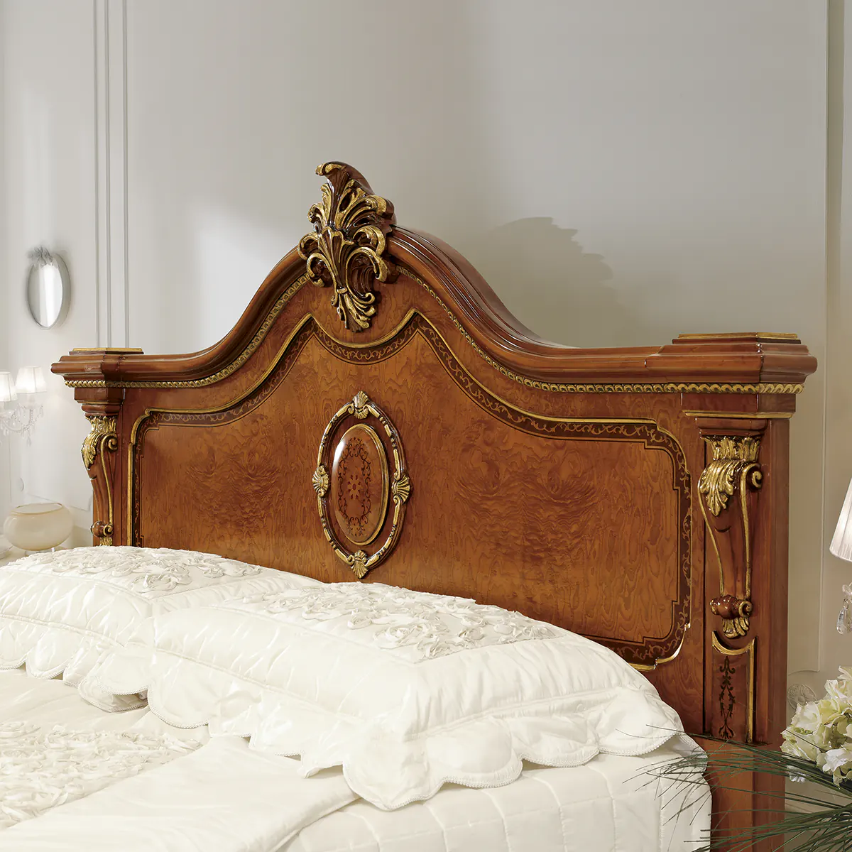 Prestige Bed by Marzorati - Luxurious Italian handcrafted bed with white ash burl veneer and walnut borders.